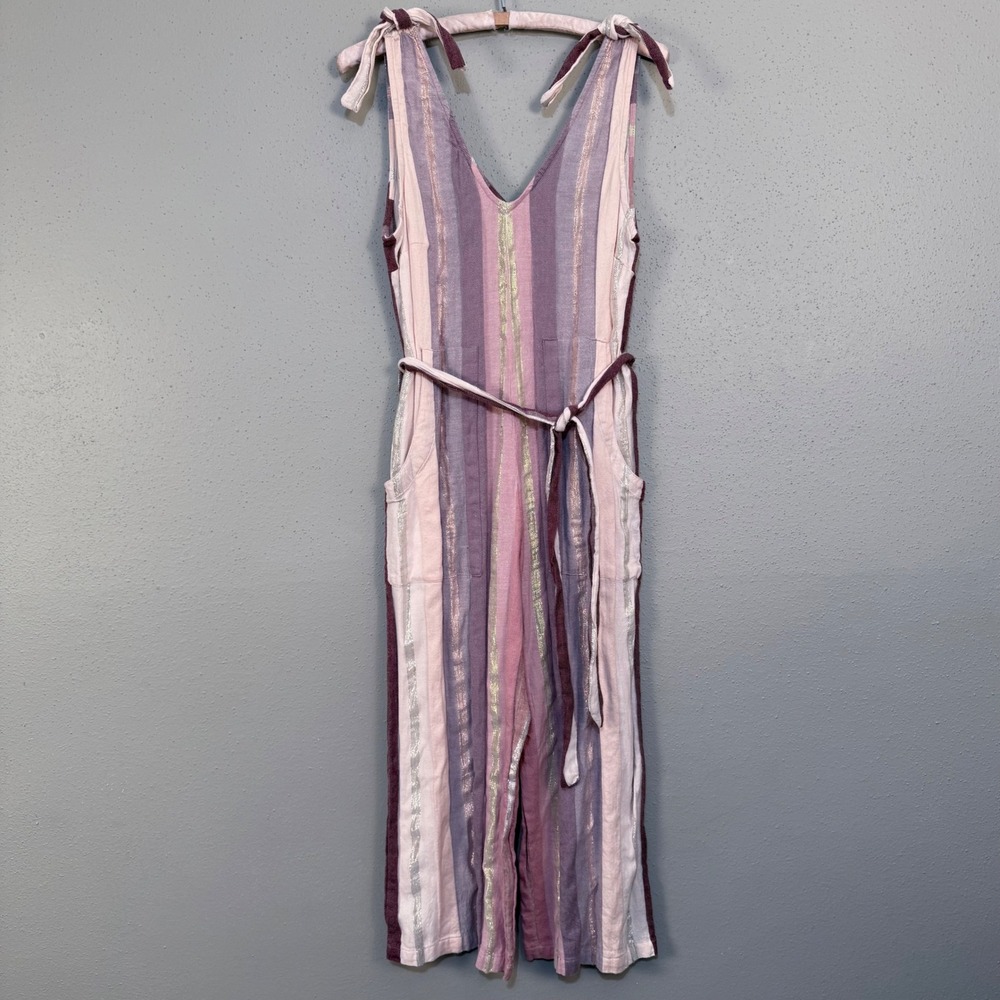 100% Cotton Striped Wide Leg Cropped Jumpsuit Angie Pink Metallic Pockets Large